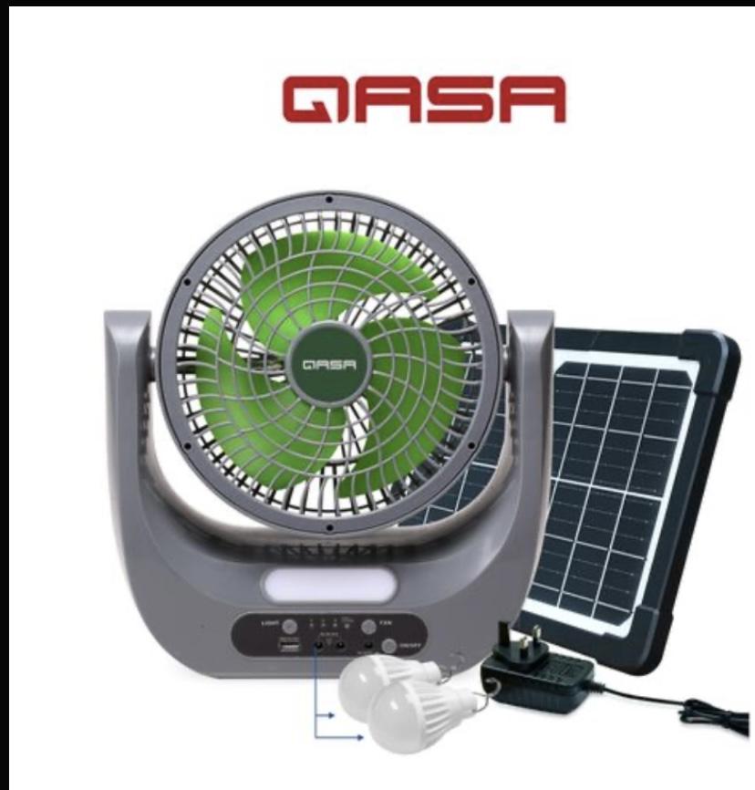 Qasa 8 Inches 180 Degree Rechargeable Table Fan with Solar Panel LED Bulbs QRF-6408 4in1