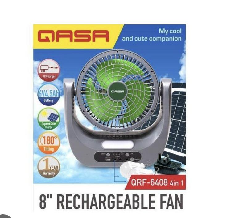 Qasa 8 Inches 180 Degree Rechargeable Table Fan with Solar Panel LED Bulbs QRF-6408 4in1 - Image 2