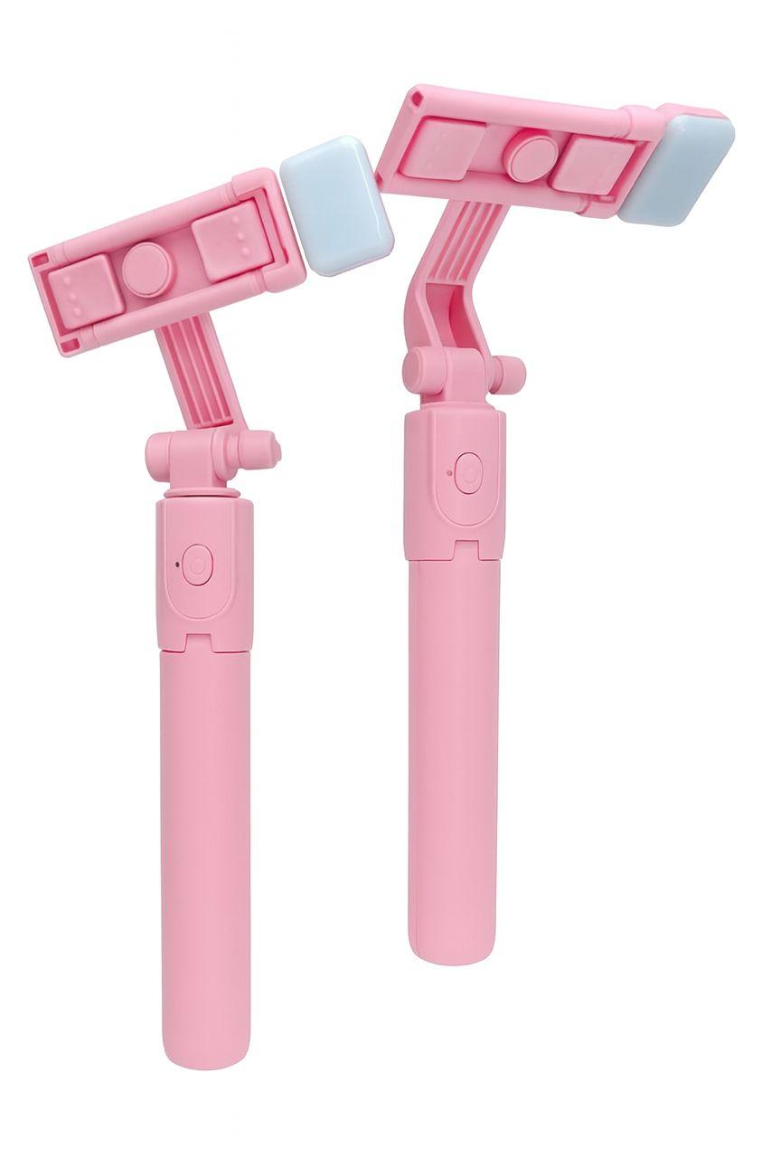Pink adjustable selfie stick with LED light