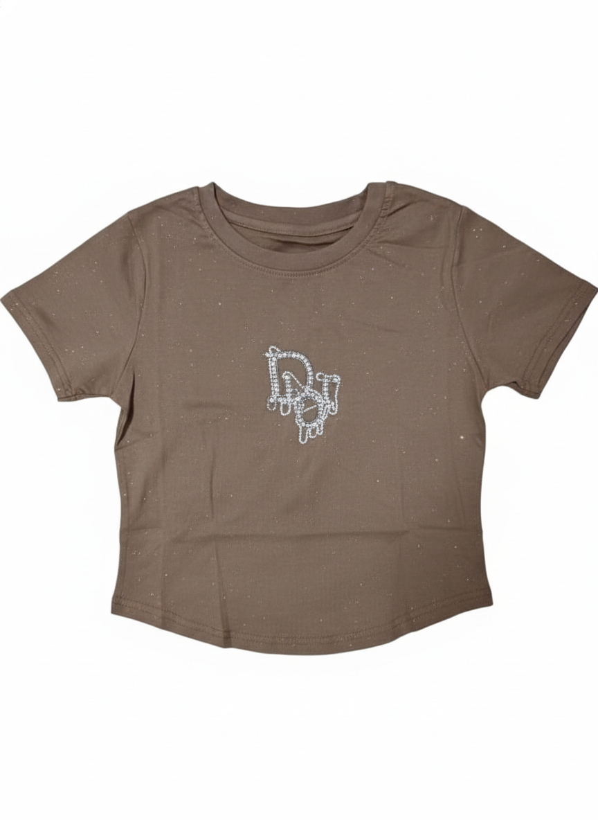 Brown Rhinestone Graphic Short-Sleeve Top