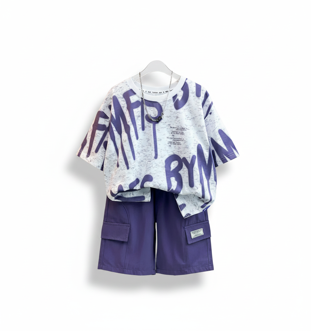 Graffiti-Style T-Shirt and Cargo Shorts Set