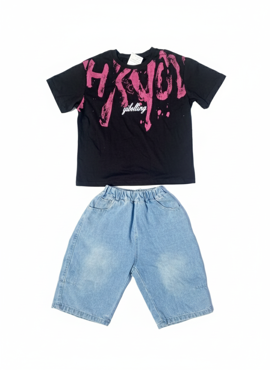 Kid's Street Style Set: Graphic Tee &amp; Wide-Leg Denim Shorts