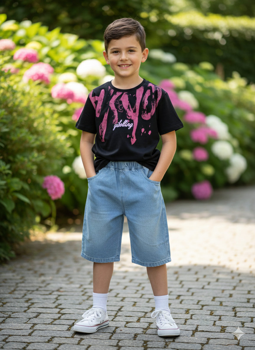Kid's Street Style Set: Graphic Tee & Wide-Leg Denim Shorts - Image 2