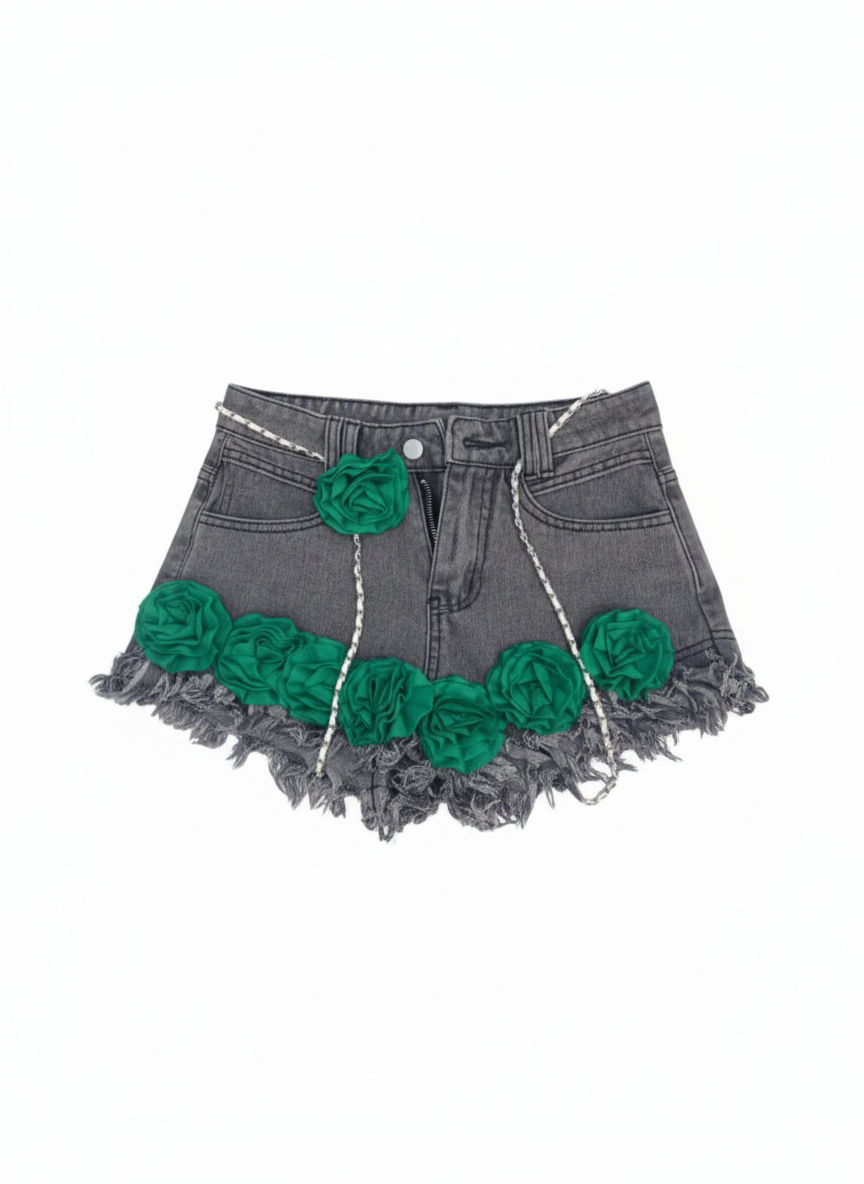 Girls' Frayed Hem Floral Embellished Denim Skirt