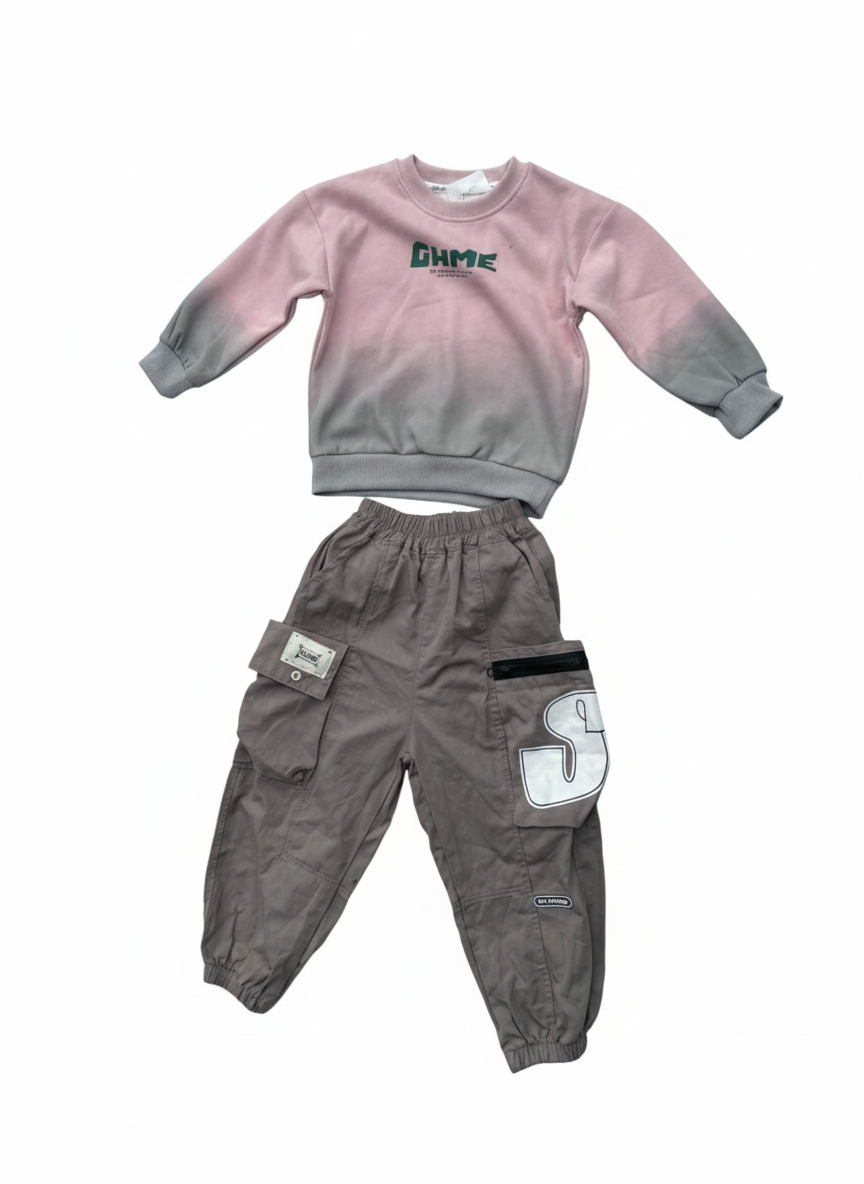 Pink/Grey Ombré Sweatshirt &amp; Cargo Joggers Set
