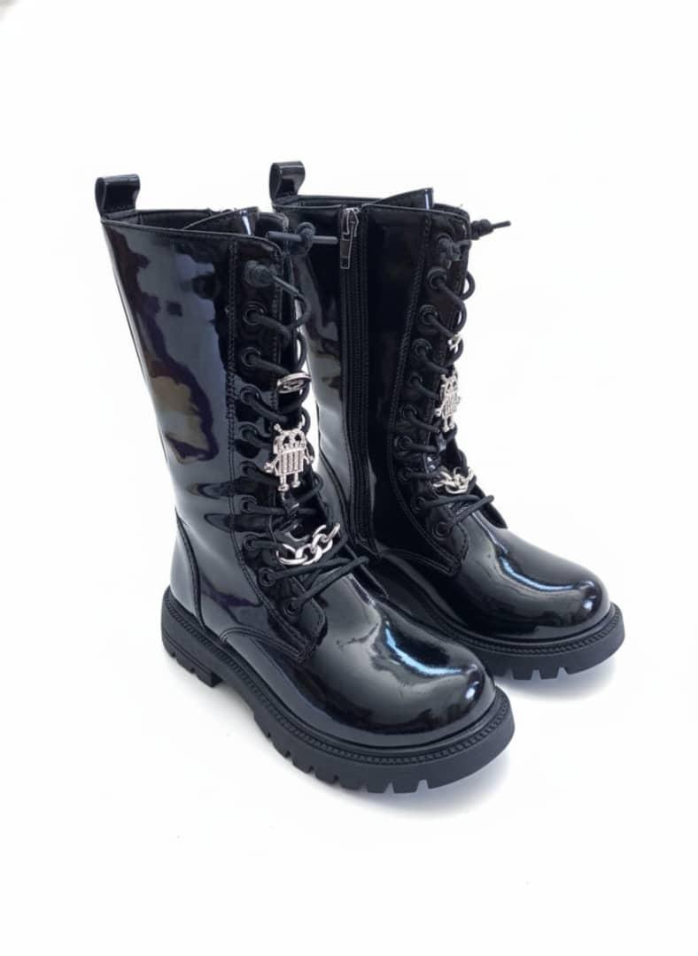 Diamond Black Patent Leather Combat Boots,