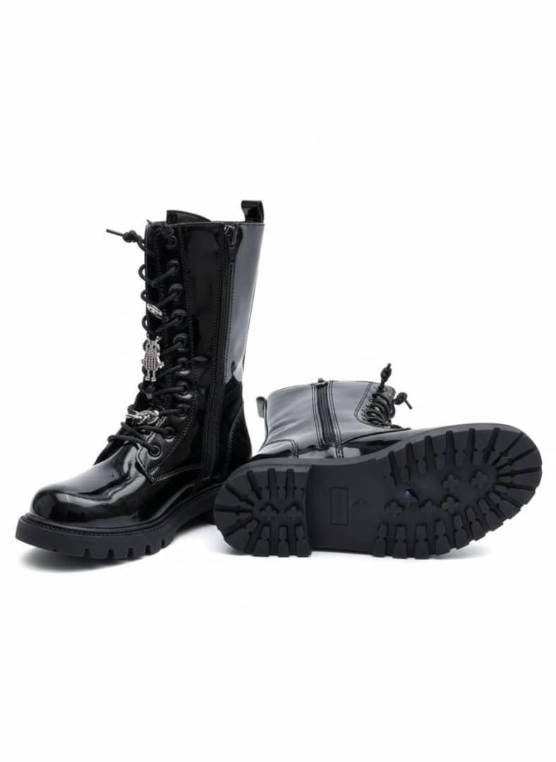 Diamond Black Patent Leather Combat Boots, - Image 2