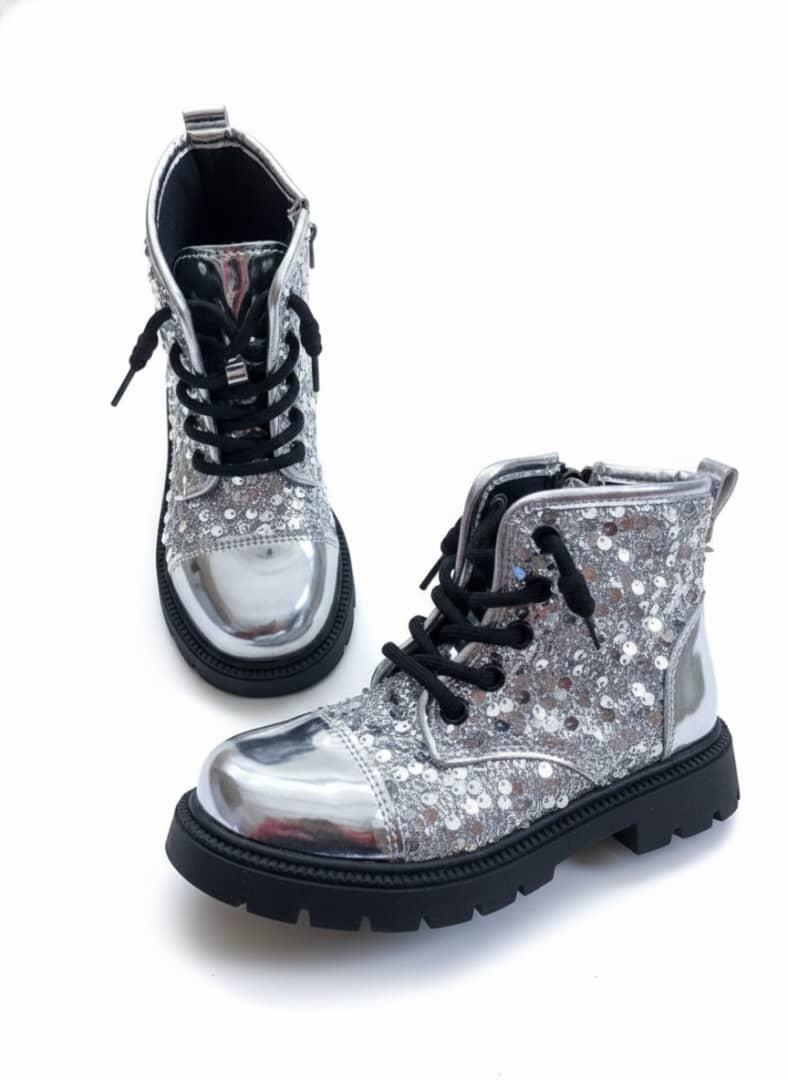 Silver Sequin Combat Boots - Image 2