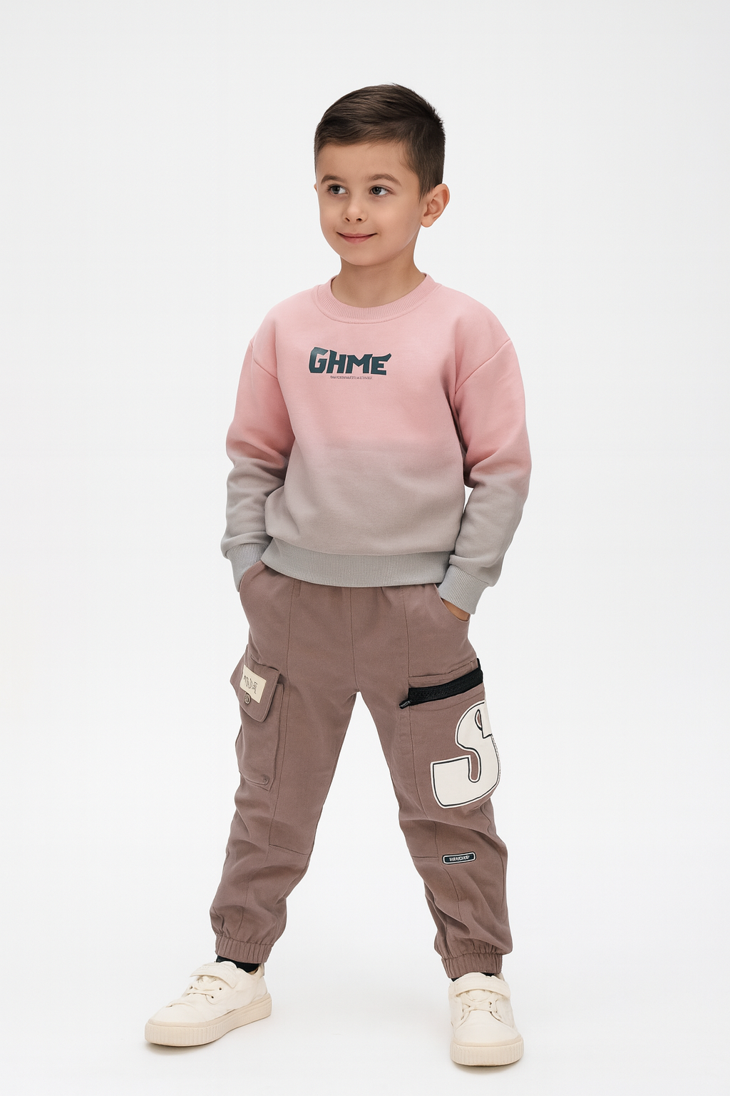Pink/Grey Ombré Sweatshirt & Cargo Joggers Set - Image 2
