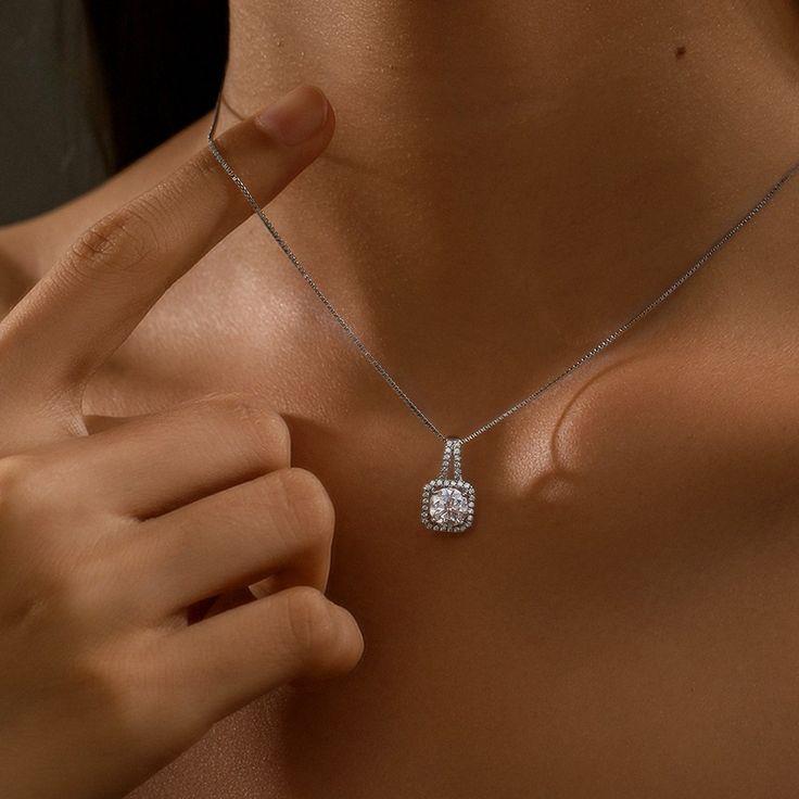 Elegant Silver Square Necklace With Rhinestone Solitaire - Image 2