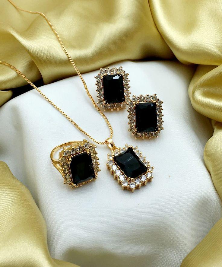 Black Sapphire Gold Necklace and Earring Set with Rhenistones - Image 2