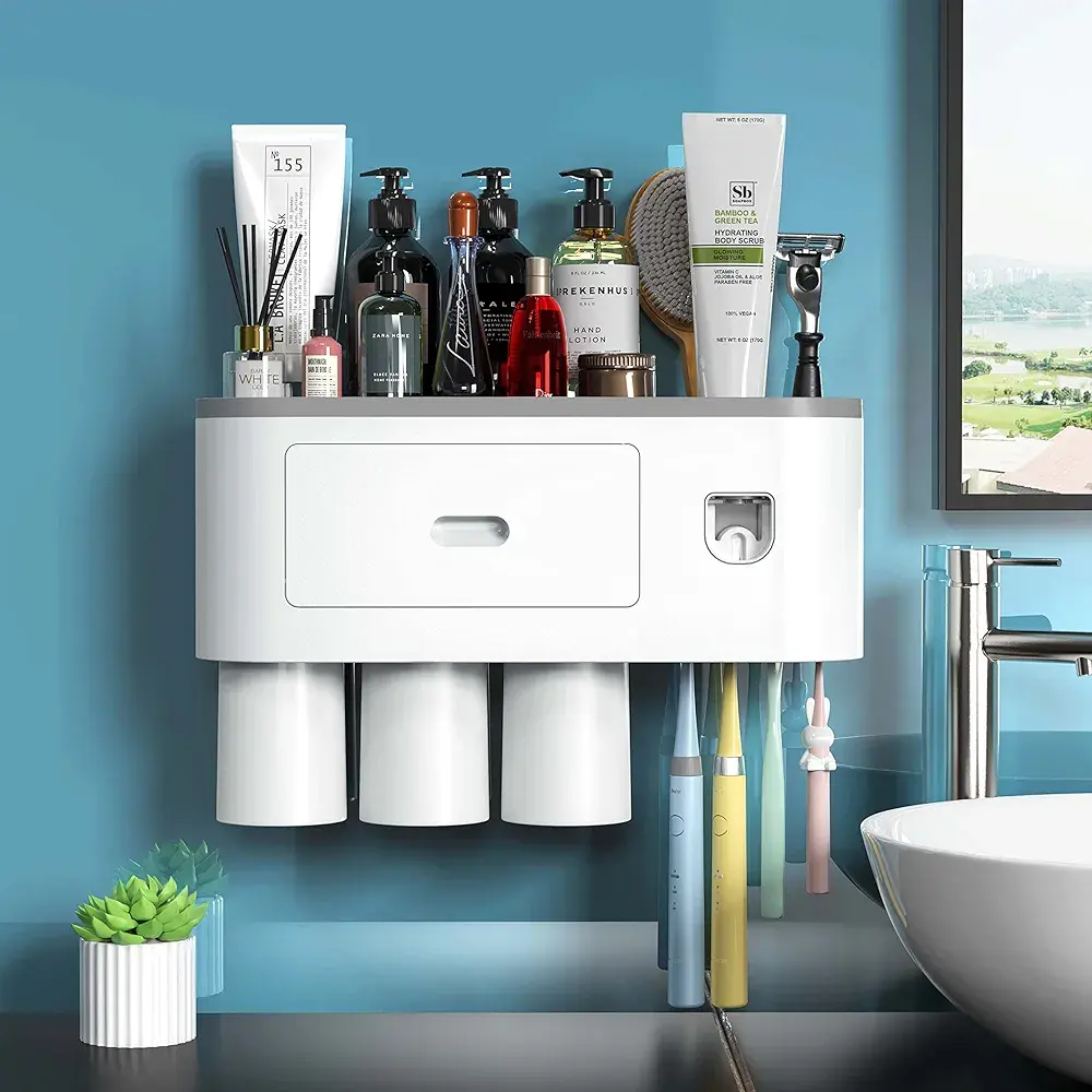 Menon 3 cups Toothbrush Holder, Storage Rack and Toothpaste Dispenser