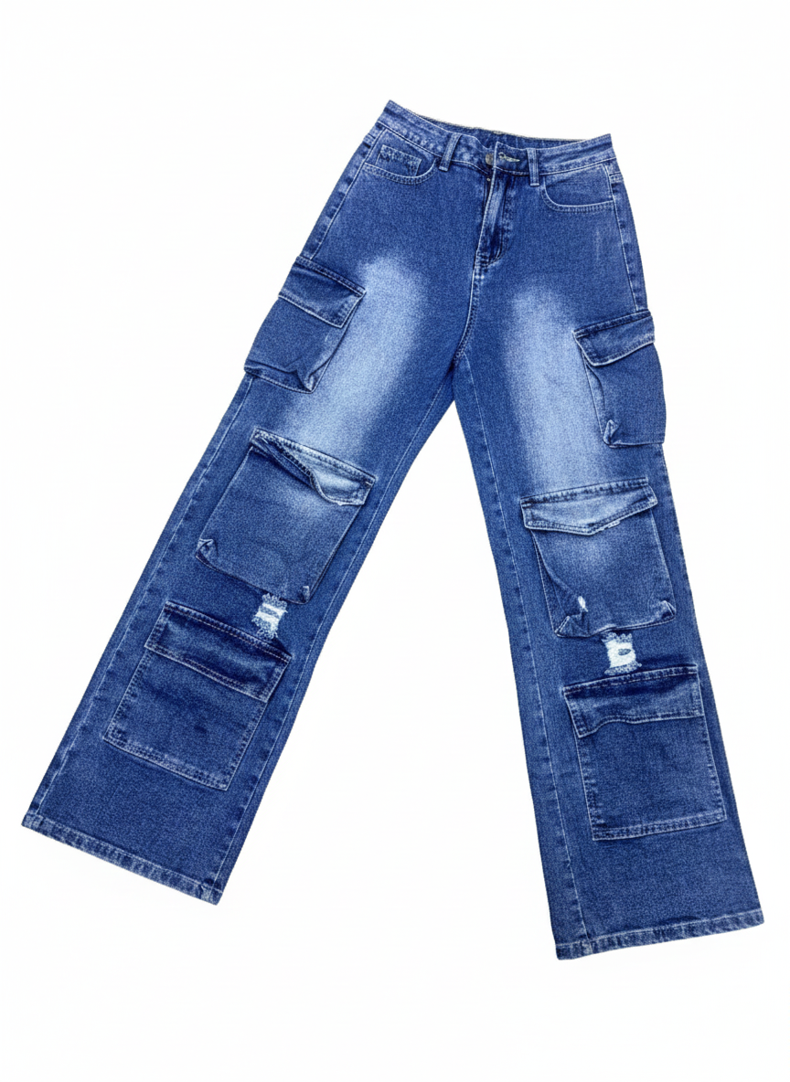 Distressed Wide-Leg Cargo Jeans