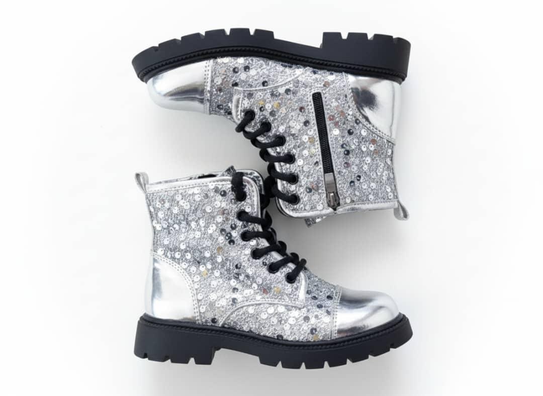 Silver Sequin Combat Boots