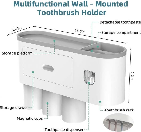 Menon 3 cups Toothbrush Holder, Storage Rack and Toothpaste Dispenser - Image 2