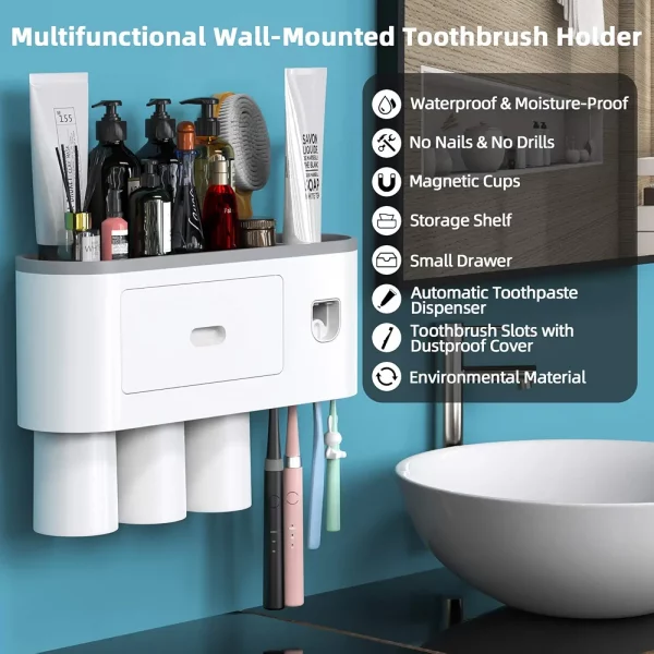 Menon 3 cups Toothbrush Holder, Storage Rack and Toothpaste Dispenser - Image 4